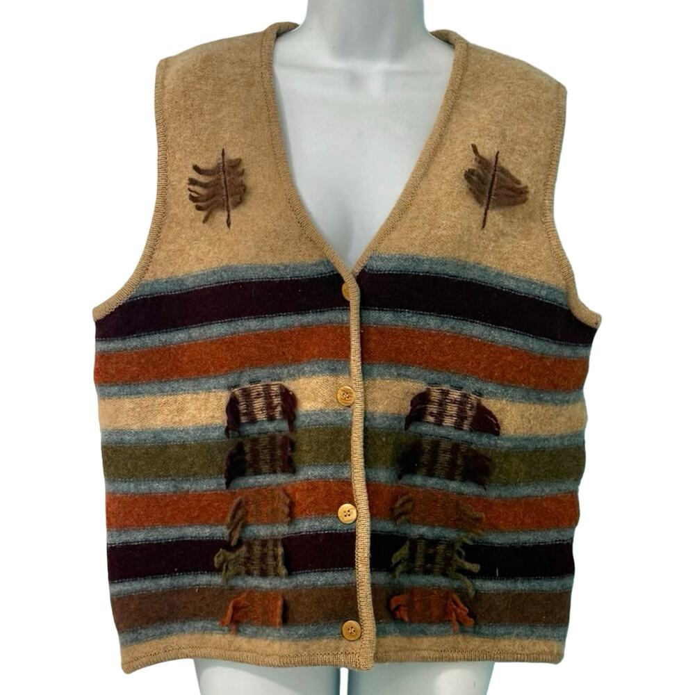 Vintage 90s Tan Brown Orange Striped 3D Fringe Button Up Sweater Vest size M